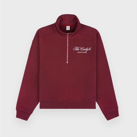New with tags Sporty & Rich The Carlyle Script Quarter Zip - Merlot/White - Picture 2 of 7